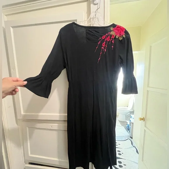 JW Los Angeles floral embroidery black cotton dress size medium - Picture 2 of 16